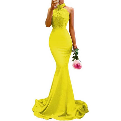 Women Halter-Neck Mermaid Bridesmaid Dress Satin Long Prom Dress Party Ball Gown