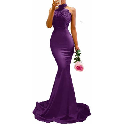 Women Halter-Neck Mermaid Bridesmaid Dress Satin Long Prom Dress Party Ball Gown