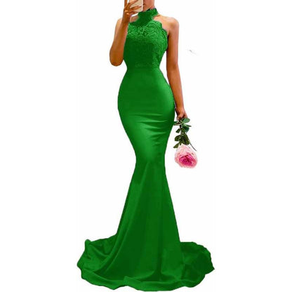 Women Halter-Neck Mermaid Bridesmaid Dress Satin Long Prom Dress Party Ball Gown