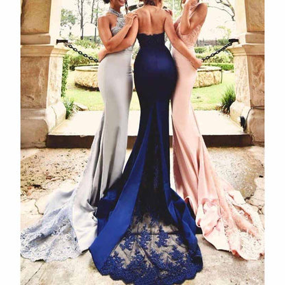 Women Halter-Neck Mermaid Bridesmaid Dress Satin Long Prom Dress Party Ball Gown