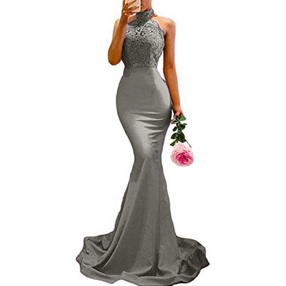 Women Halter-Neck Mermaid Bridesmaid Dress Satin Long Prom Dress Party Ball Gown