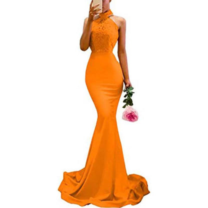 Women Halter-Neck Mermaid Bridesmaid Dress Satin Long Prom Dress Party Ball Gown