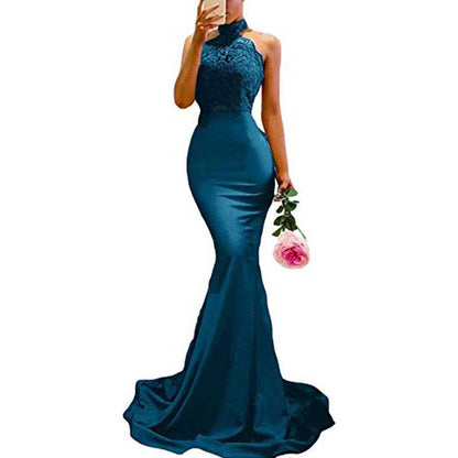 Women Halter-Neck Mermaid Bridesmaid Dress Satin Long Prom Dress Party Ball Gown