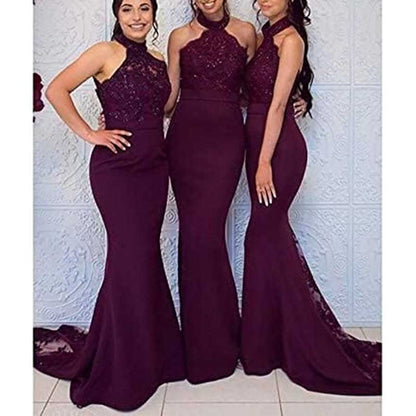 Women Halter-Neck Mermaid Bridesmaid Dress Satin Long Prom Dress Party Ball Gown