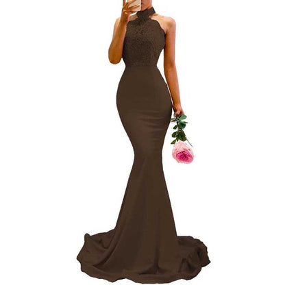 Women Halter-Neck Mermaid Bridesmaid Dress Satin Long Prom Dress Party Ball Gown