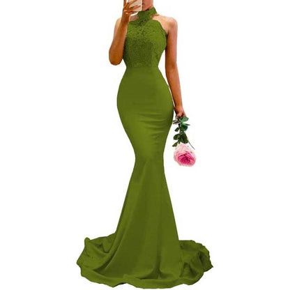 Women Halter-Neck Mermaid Bridesmaid Dress Satin Long Prom Dress Party Ball Gown