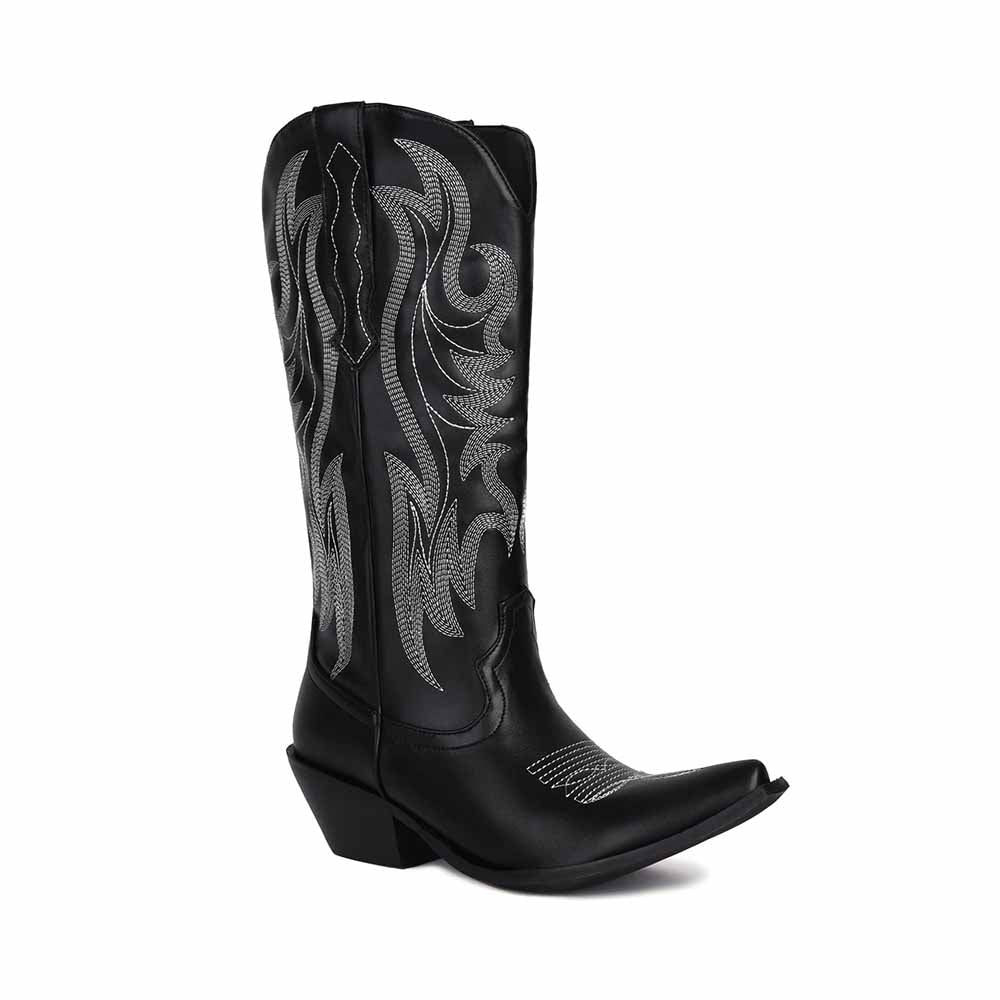Stylish metallic cowboy boots for women with elegant black leather and intricate silver detailing