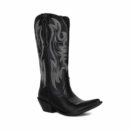 Stylish metallic cowboy boots for women with elegant black leather and intricate silver detailing