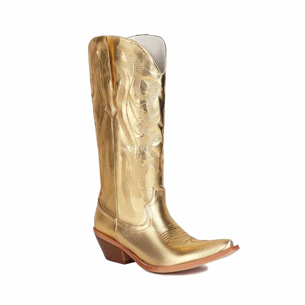 Shiny gold metallic cowboy boots for women with intricate embossed detailing and a classic silhouette
