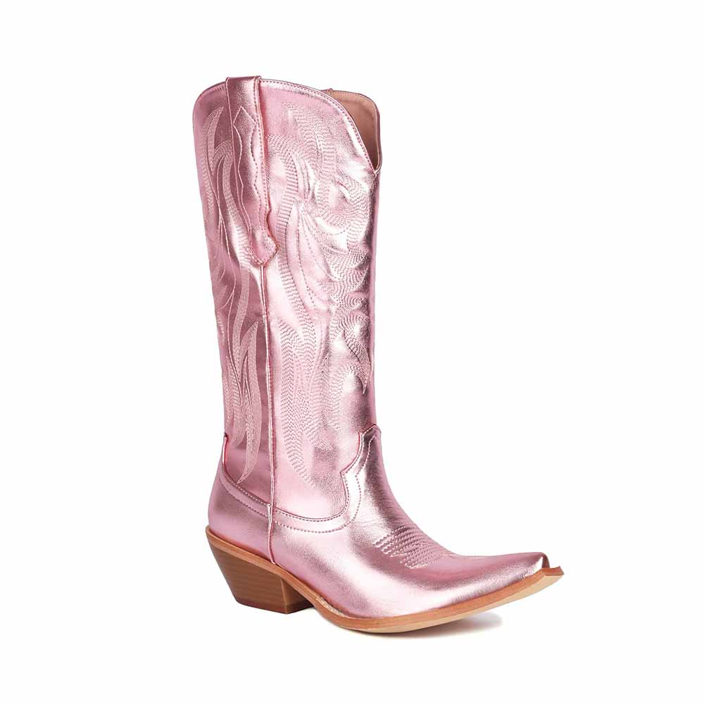 Stylish metallic cowboy boots for women in pink with intricate stitching and a modern silhouette