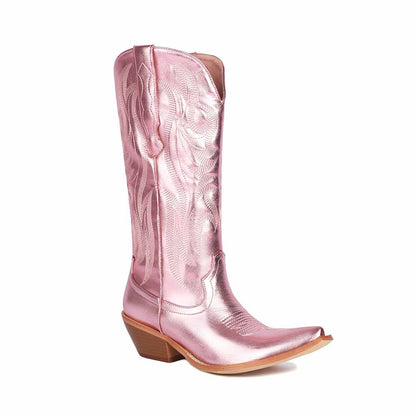 Stylish metallic cowboy boots for women in pink with intricate stitching and a modern silhouette