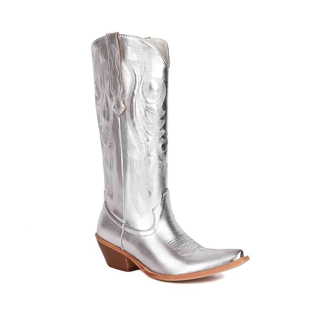 Shiny metallic cowboy boots for women with intricate detailing and a stylish pointed toe design