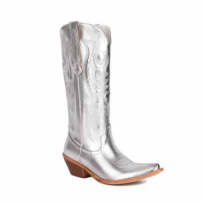 Shiny metallic cowboy boots for women with intricate detailing and a stylish pointed toe design
