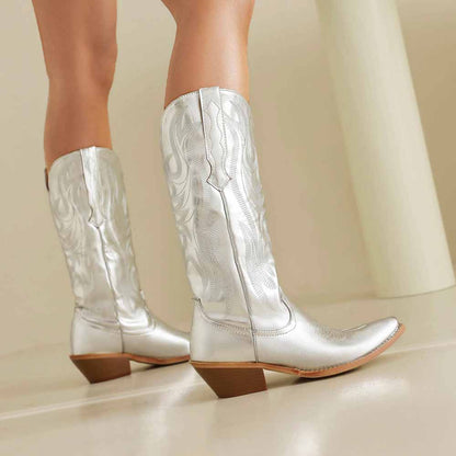Stylish metallic cowboy boots for women with intricate designs and a comfortable heel