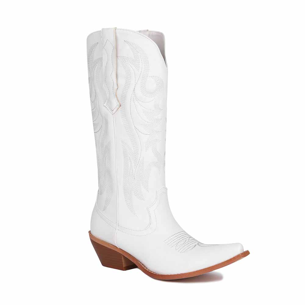 Stylish white metallic cowboy boots for women with intricate stitching and a pointed toe design