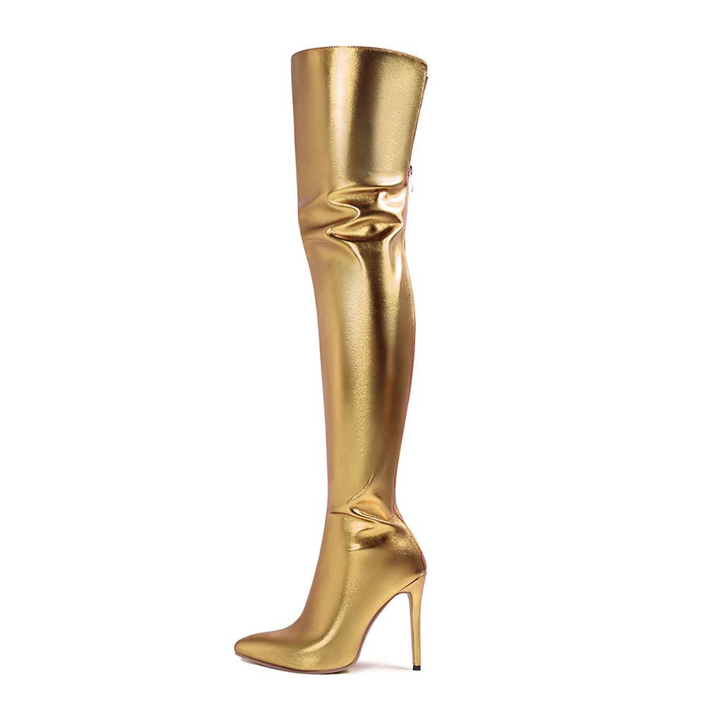 Stunning metallic high heel party boots in gold with a sleek thigh-high design