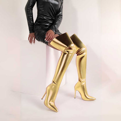 Stylish metallic high heel party boots in gold, perfect for a glamorous night out