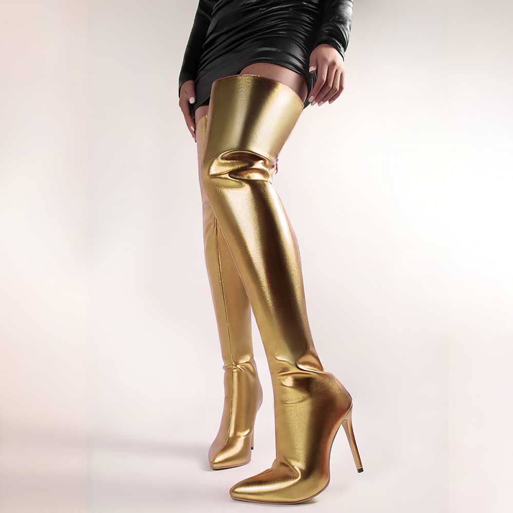 Shiny gold metallic high heel party boots with sleek thigh-high design for glamorous looks