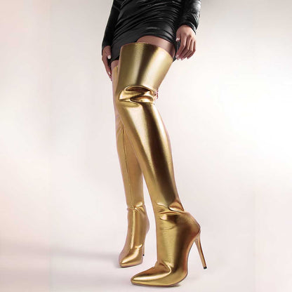 Shiny gold metallic high heel party boots with sleek thigh-high design for glamorous looks