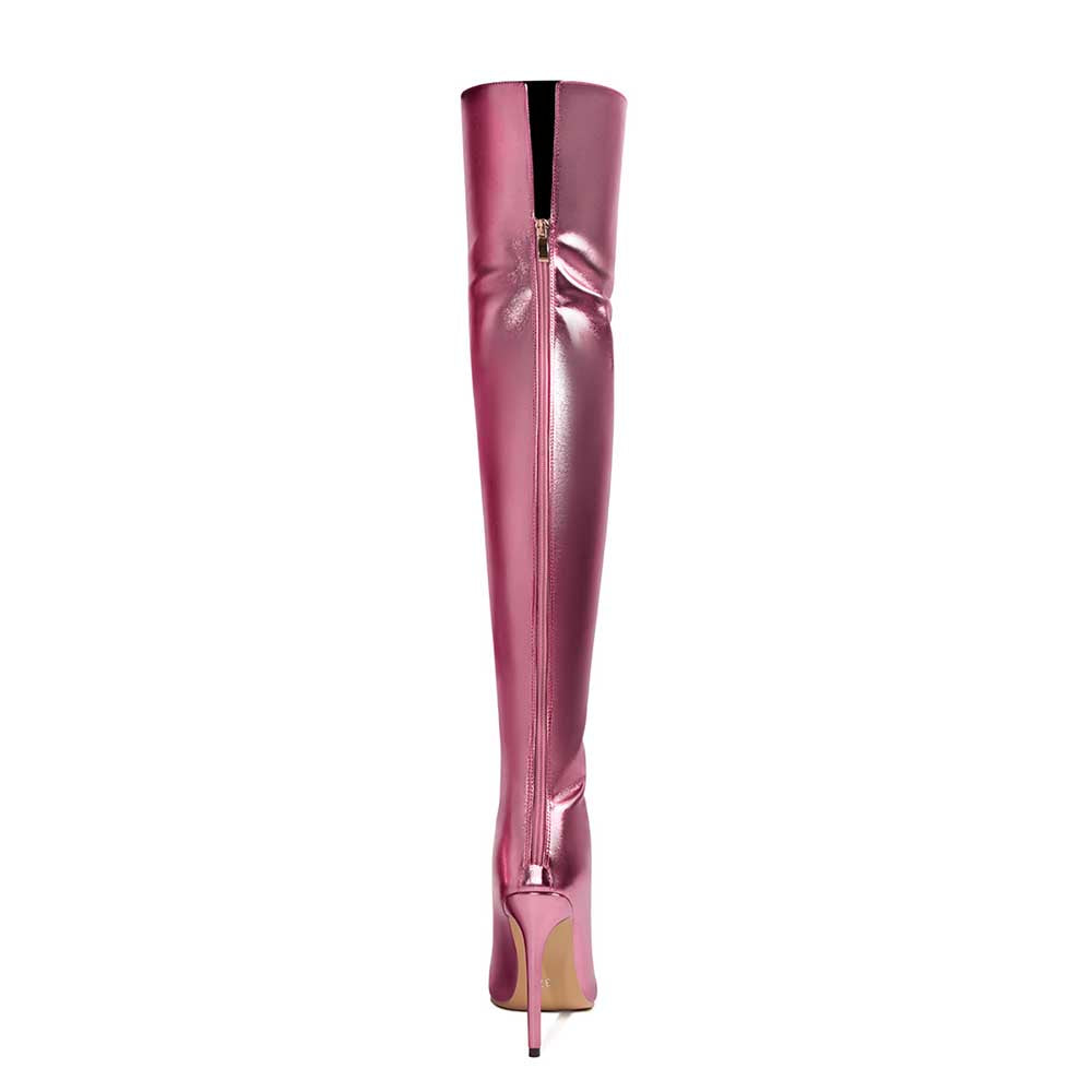 Pink metallic high heel party boots with a sleek design and zip closure for stylish evening wear