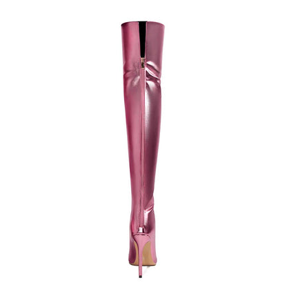 Pink metallic high heel party boots with a sleek design and zip closure for stylish evening wear
