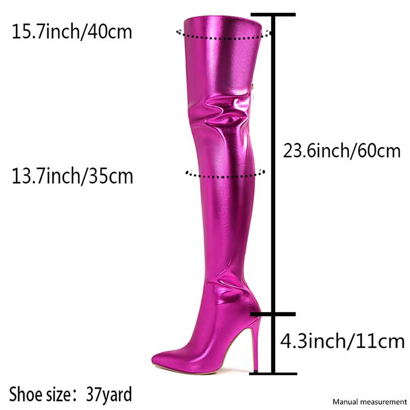Shiny pink metallic high heel party boots with knee-high design and precise measurements