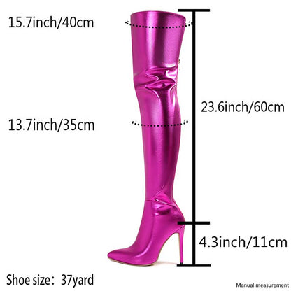 Shiny pink metallic high heel party boots with knee-high design and precise measurements