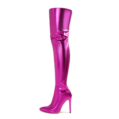 Metallic high heel party boots in glossy pink with a sleek over-the-knee design for stylish looks