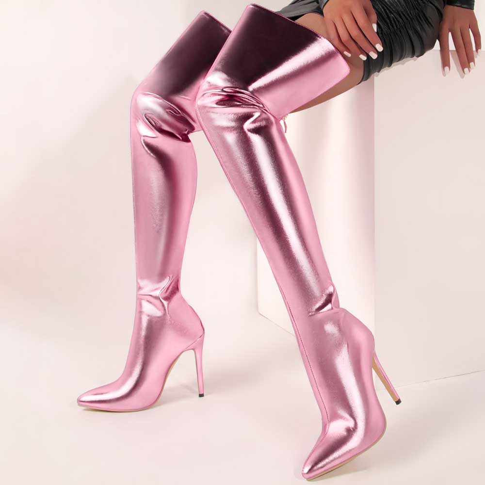 Metallic high heel party boots in shiny pink with a sleek thigh-high design
