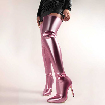 Stylish metallic high heel party boots in pink, perfect for night outs and special occasions