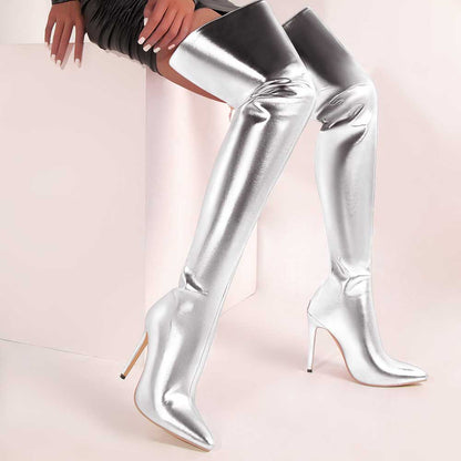 Stylish metallic high heel party boots featuring a sleek over-the-knee design in silver