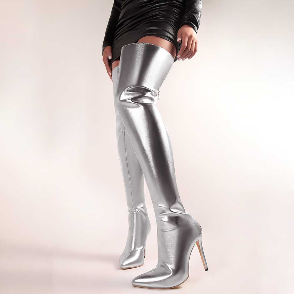 Stylish metallic high heel party boots in shiny silver, perfect for glamorous occasions
