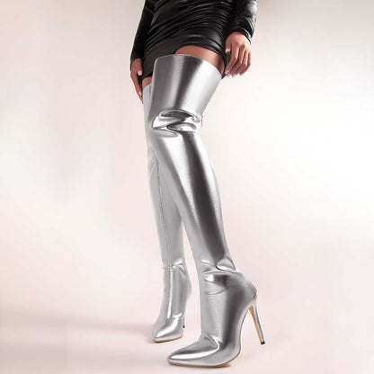 Stylish metallic high heel party boots in shiny silver, perfect for glamorous occasions
