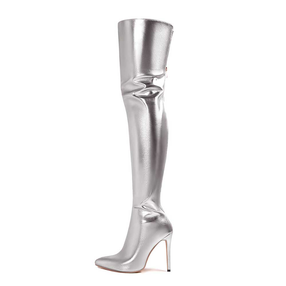 Stylish metallic high heel party boots with over-the-knee design for glamorous events
