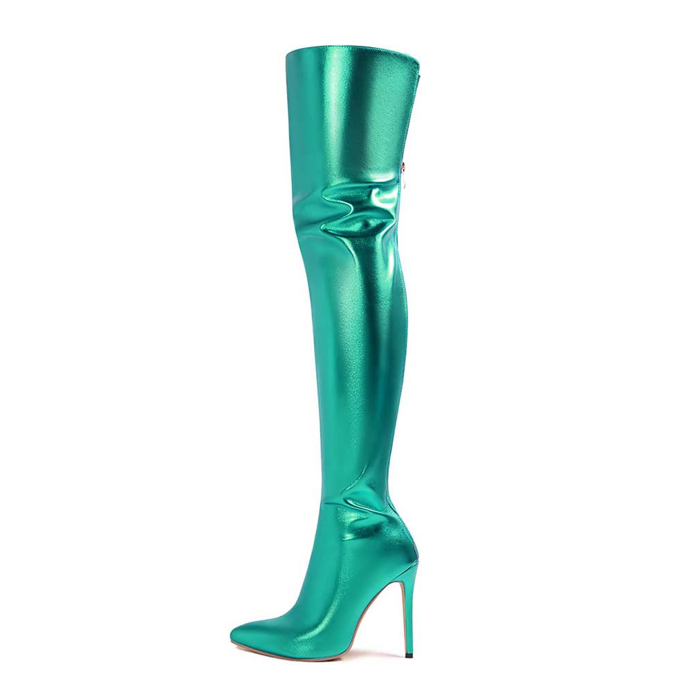 Metallic high heel party boots in vibrant teal with a sleek over-the-knee design