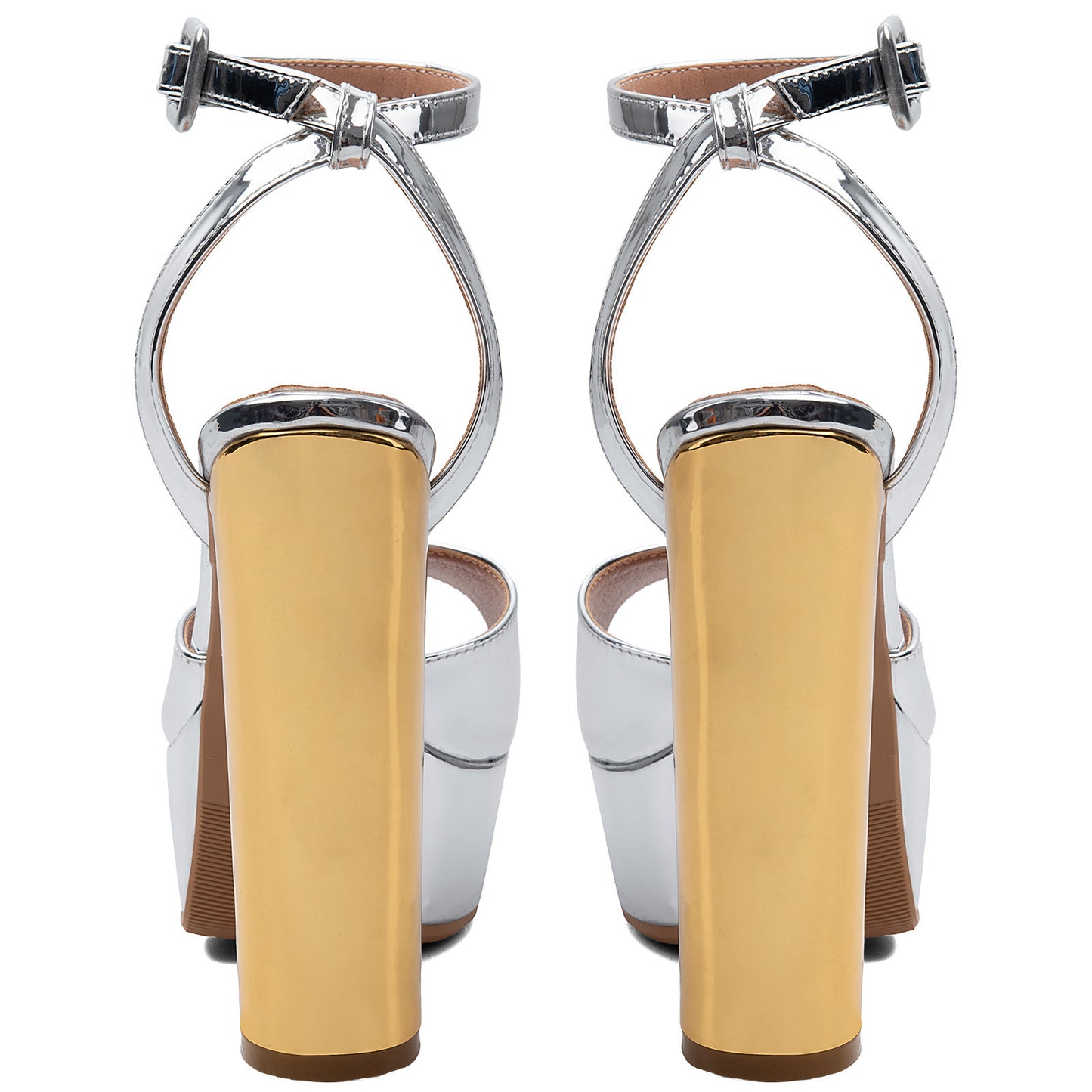 Metallic Silver Platform Sandals with Gold Chunky Heel
