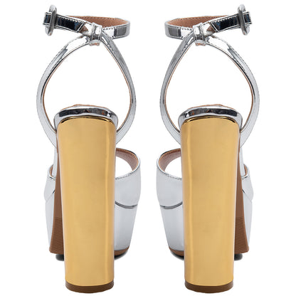 Metallic Silver Platform Sandals with Gold Chunky Heel