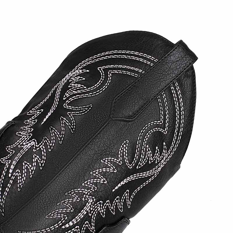 Black mid-calf western boots chunky heel with intricate embroidery and side pull tabs