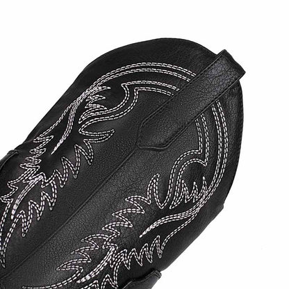Black mid-calf western boots chunky heel with intricate embroidery and side pull tabs