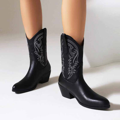Stylish mid-calf western boots chunky heel with intricate stitching for a fashionable look