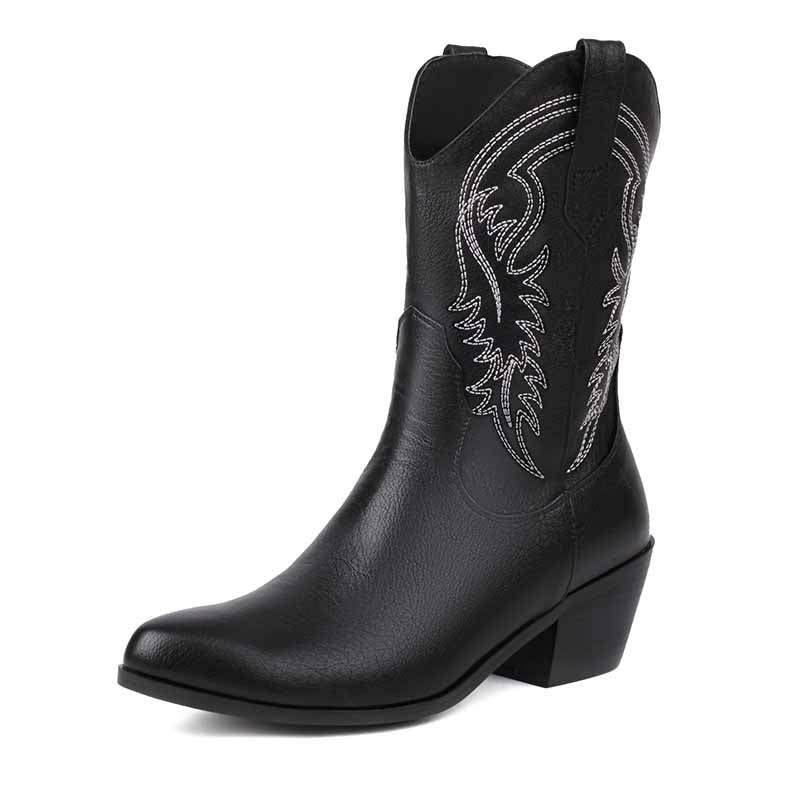 Stylish black mid-calf western boots chunky heel with decorative stitching for a trendy look