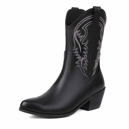 Stylish black mid-calf western boots chunky heel with decorative stitching for a trendy look