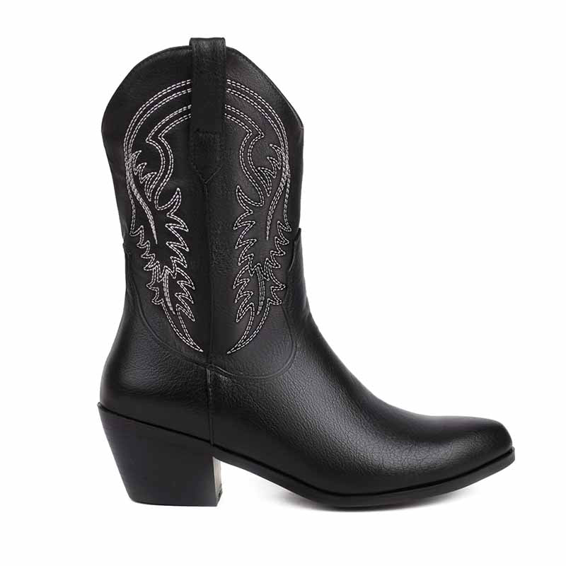 Stylish black mid-calf western boots chunky heel with intricate stitching and pointed toe design