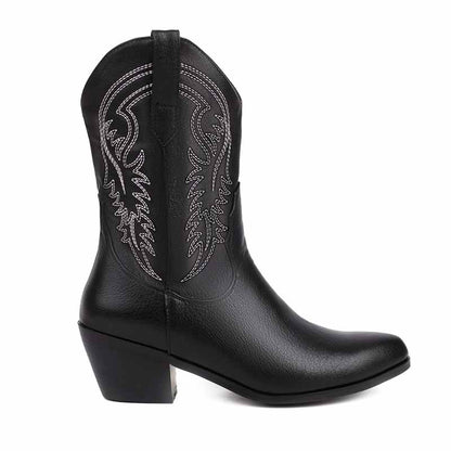 Stylish black mid-calf western boots chunky heel with intricate stitching and pointed toe design