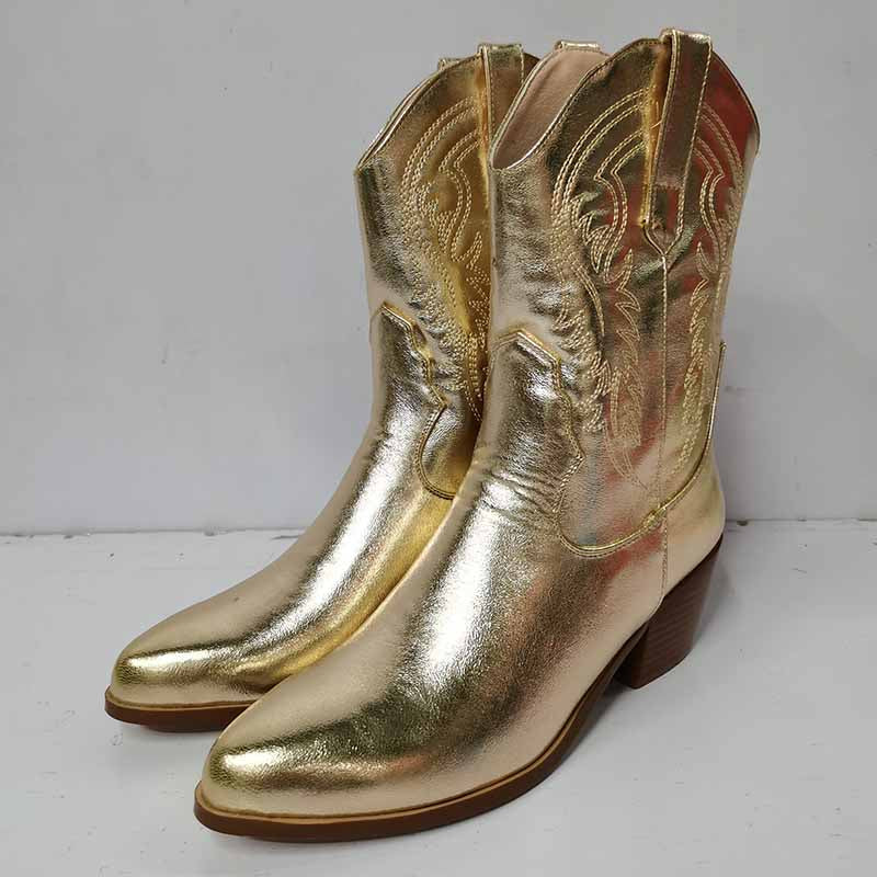 Shiny gold mid-calf western boots chunky heel with stylish embroidery and pointed toe design