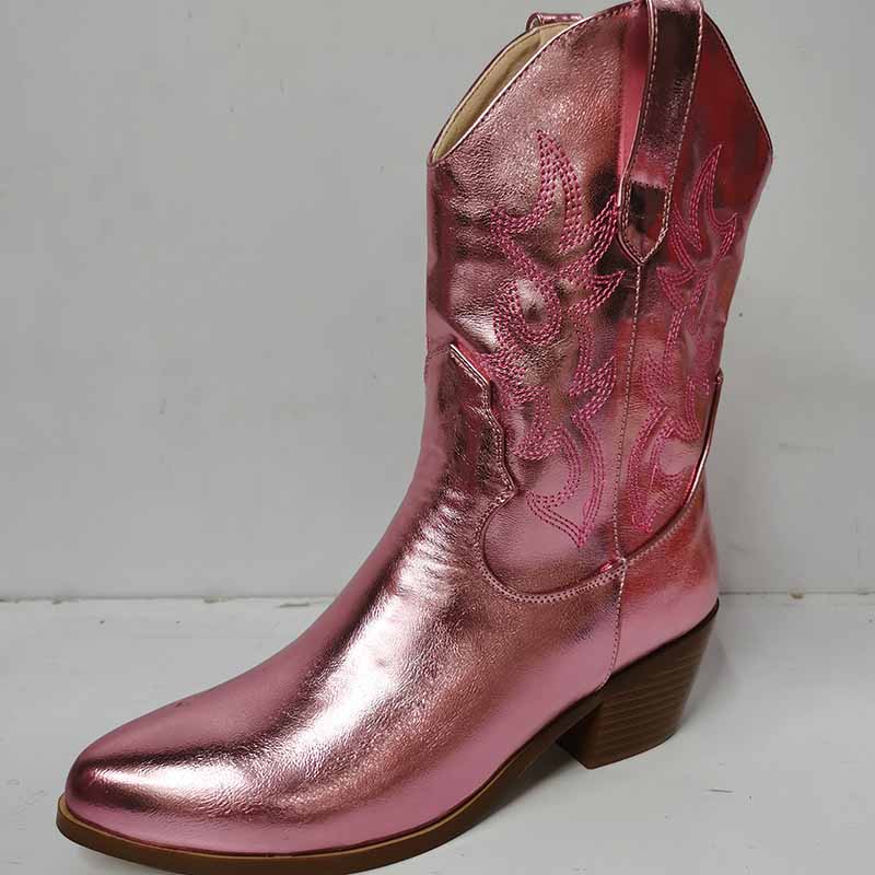 Pink mid-calf western boots chunky heel with decorative stitching and pointed toe design
