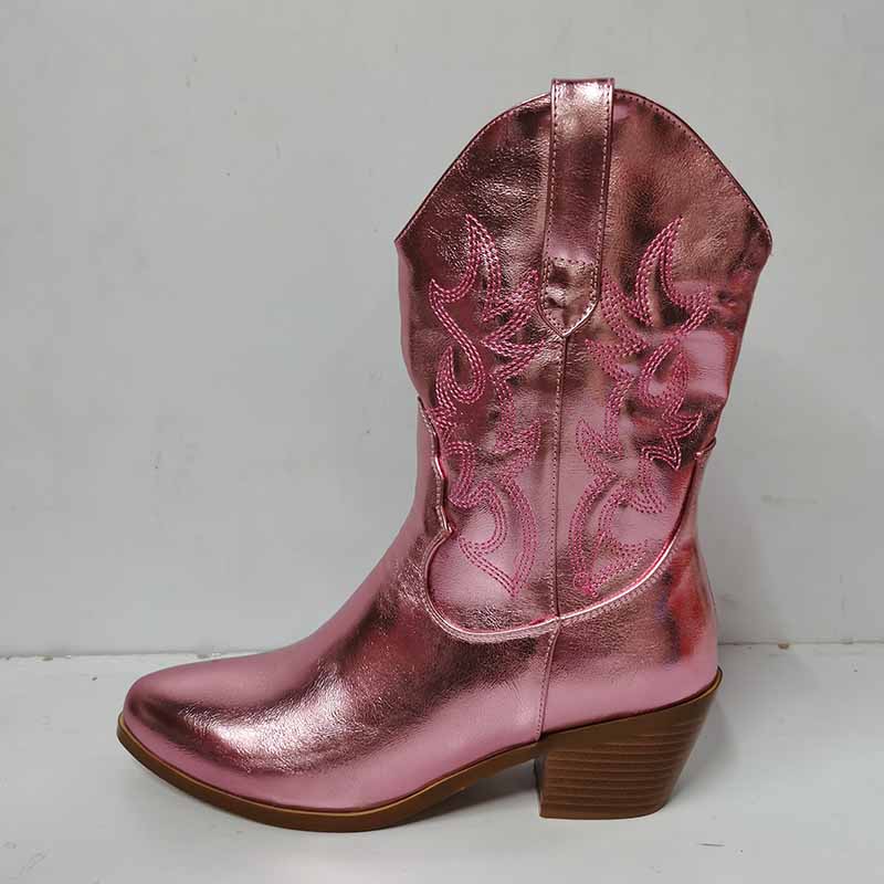 Pink mid-calf western boots chunky heel with embossed floral design and stylish finish