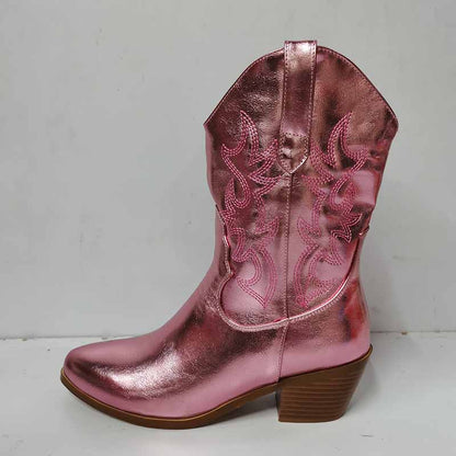Pink mid-calf western boots chunky heel with embossed floral design and stylish finish