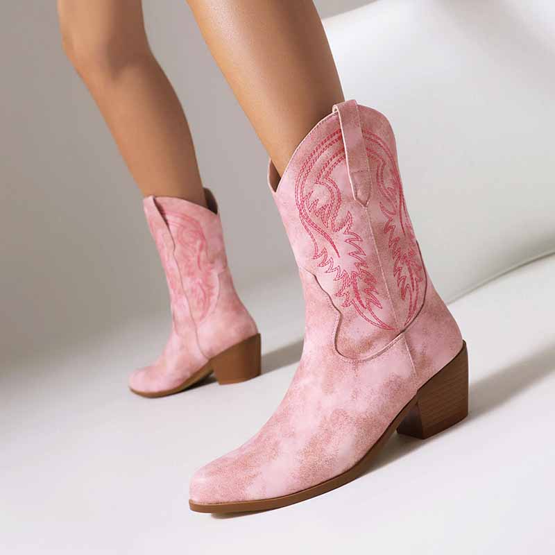 Stylish pink mid-calf western boots chunky heel with intricate stitching for a trendy look
