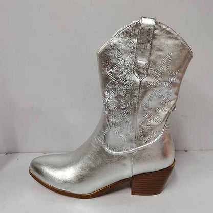 Shiny silver mid-calf western boots chunky heel with intricate stitching details